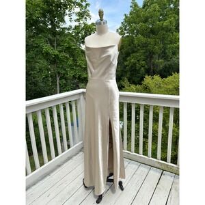 Birdy Grey Womens Maxi Dress Small Champagne Satin Cowl Neck Slit Bridesmaid
